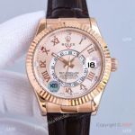 Grade A Swiss 9001 Rolex Sky-Dweller 42 mm Watches Rose Gold Roman-Leather Strap